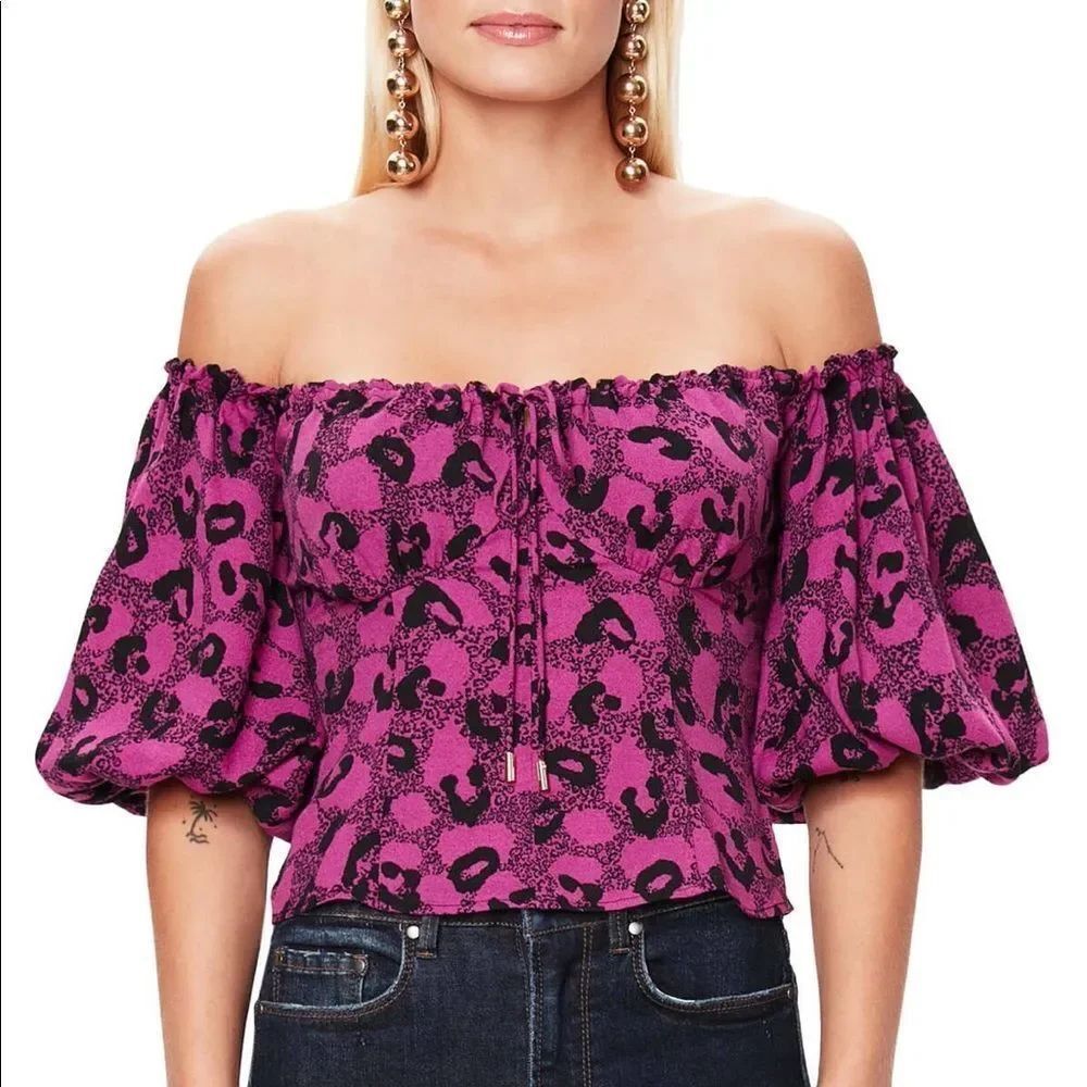AFRM Bowie Off the Shoulder Purple & Black Back Ruched Top